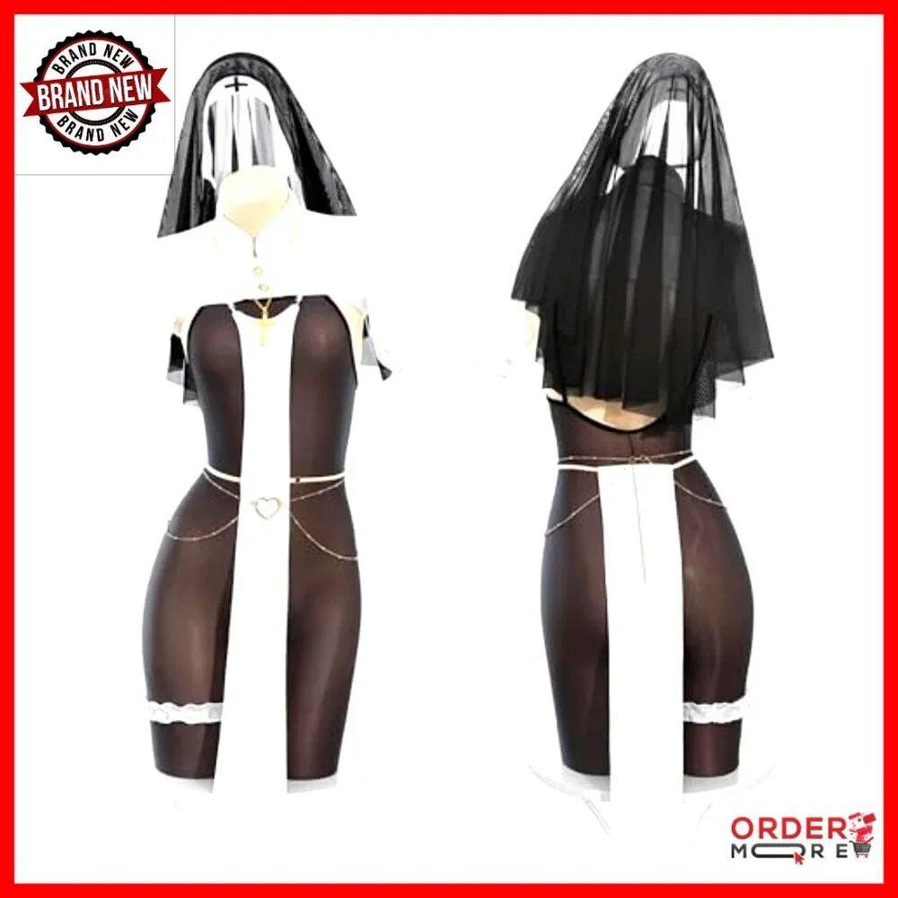 Sexy Nun Costume Bodysuit Set with Veil and Accessories for Women